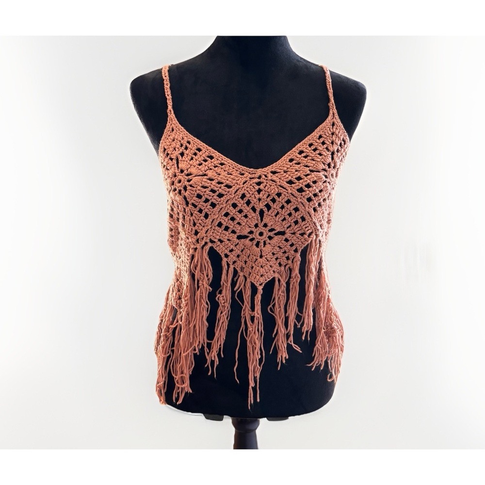Easel Crochet Tank Top Fringe Mauve‎ Festival Summer Women's M Medium